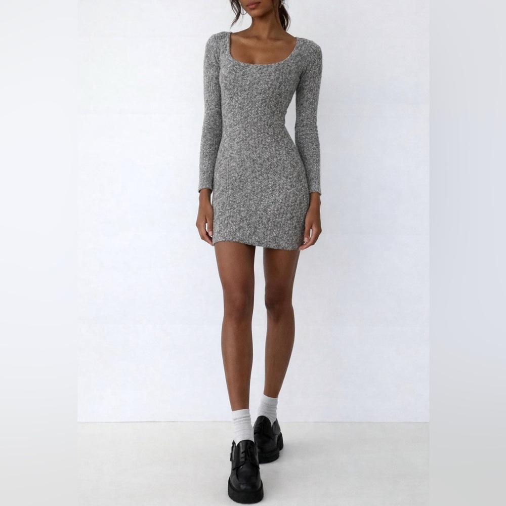 Rumored Alpine Knit Mini Dress Small Black Cream Long Sleeve Scoop Neck Bodycon